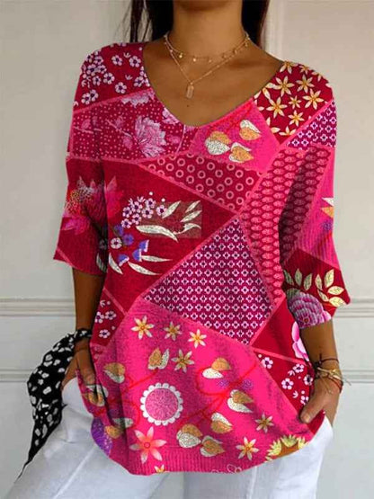 Elegant Retro Womens Casual Floral Print V-Neck Long-Sleeve Top - VEX CLUB HOUSE
