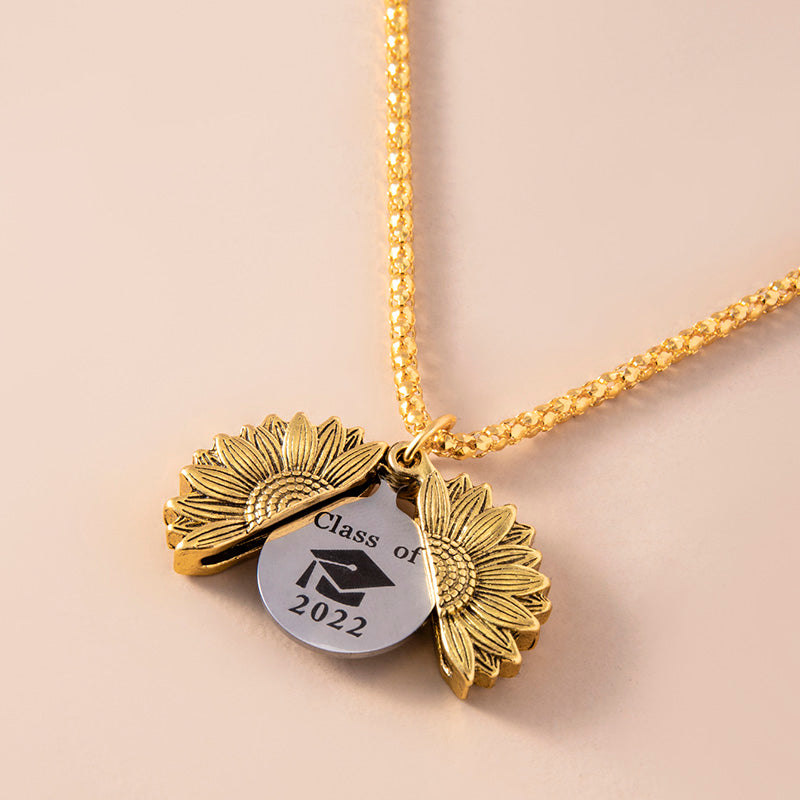 Vintage Gold Sunflower Locket Necklace Stainless Steel Class Of Graduate Cap Necklaces For Men Women Graduation Jewelry V E X C L U B H O U S E