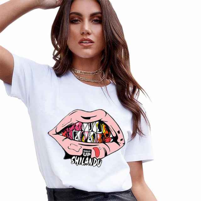 Casual Red Lip Print Ladies Short-sleeved Top T-shirt - VEX CLUB HOUSE