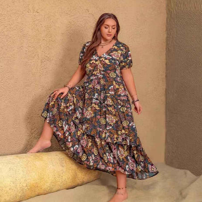 Womens Plus-Size Bohemian V-Neck Printed Short-Sleeve Dress - VEX CLUB HOUSE