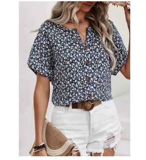 Womens Casual Plant-Print Jacquard Collar Short-Sleeve T-Shirt - VEX CLUB HOUSE