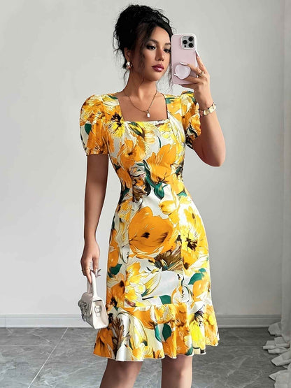 Womens Retro Square-Neck Puff-Sleeve Waist-Cinching Ruffle-Trim Dress - VEX CLUB HOUSE