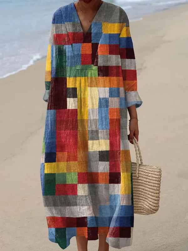 Retro V-neck Bohemian-print Loose-fitting Dress - VEX CLUB HOUSE