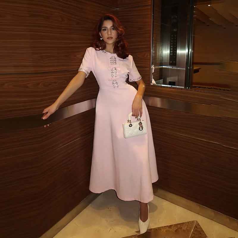 New Stylish Long Dress With A Round Neckline Bow Detail And Patchwork Design - VEX CLUB HOUSE