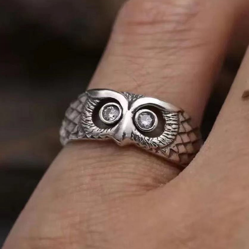 Plain Silver Retro Blue Glasses Owl Jewelry Ring Men And Women Design Owl Ring V E X C L U B H O U S E