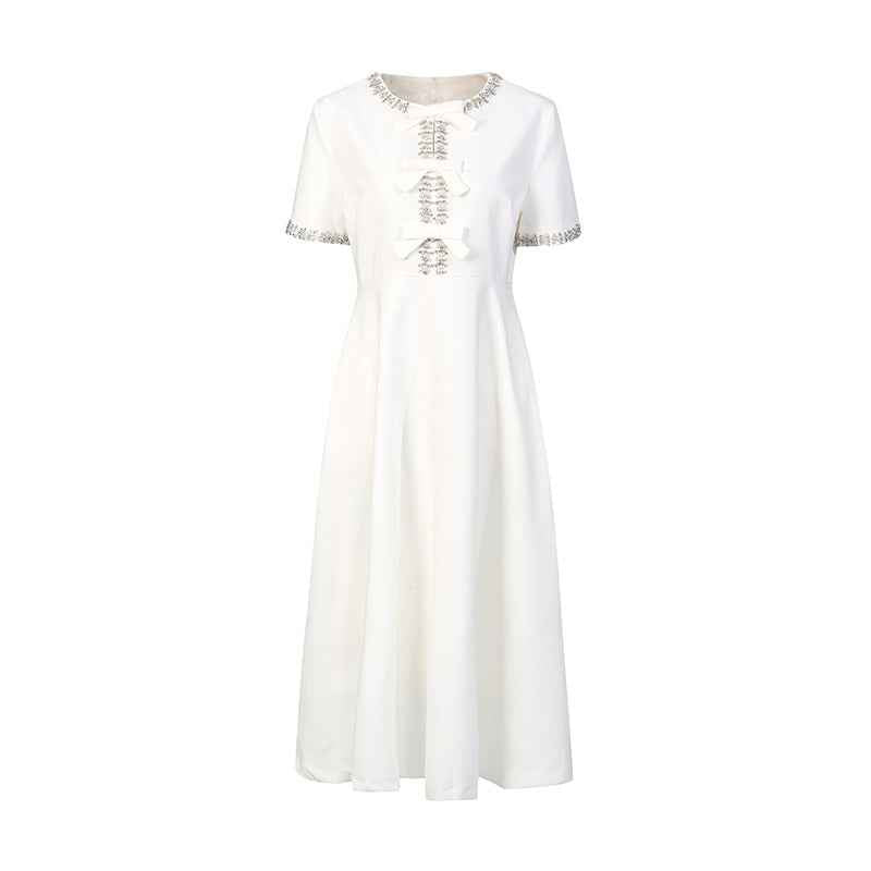 New Stylish Long Dress With A Round Neckline Bow Detail And Patchwork Design - VEX CLUB HOUSE