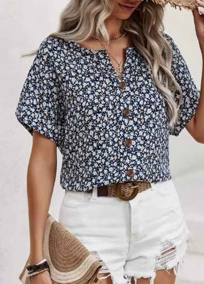 Womens Casual Plant-Print Jacquard Collar Short-Sleeve T-Shirt - VEX CLUB HOUSE