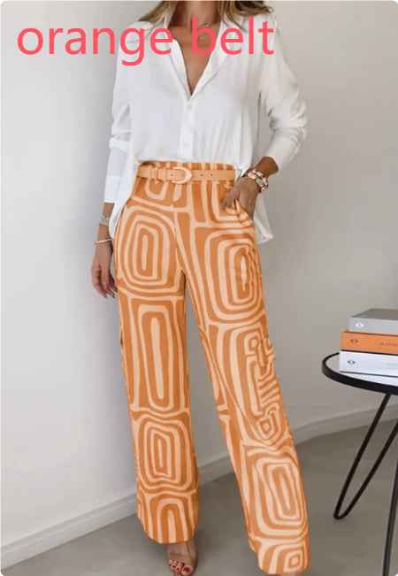Women's Casual Long-sleeved Lapel Shirt Printed Wide-leg Pants Suit - VEX CLUB HOUSE