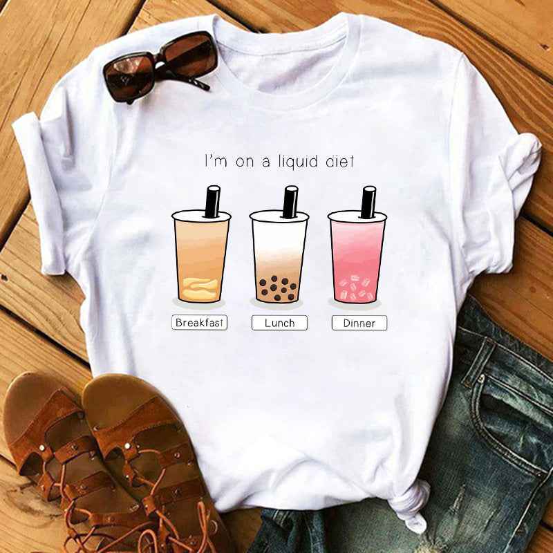 New Cute Milk Tea Print Short Sleeve Women - VEX CLUB HOUSE