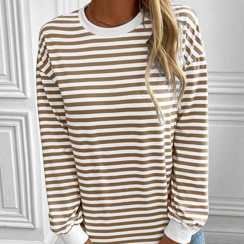 Navy Striped Crew-neck Long-sleeve Loose-fitting Top - VEX CLUB HOUSE