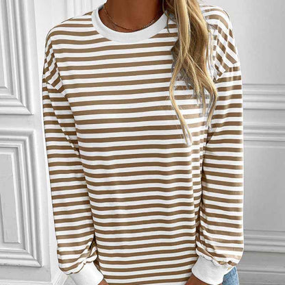 Navy Striped Crew-neck Long-sleeve Loose-fitting Top - VEX CLUB HOUSE