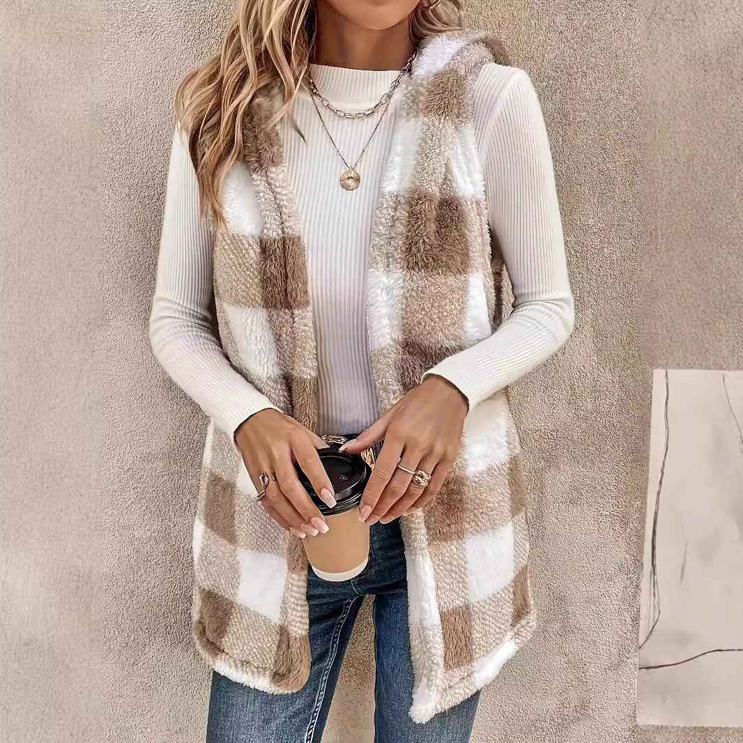 Fashion Elegant Cardigan Two-tone Plaid Hooded Women's Plush Vest Coat - VEX CLUB HOUSE