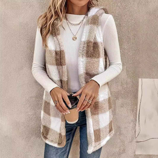 Fashion Elegant Cardigan Two-tone Plaid Hooded Women's Plush Vest Coat - VEX CLUB HOUSE