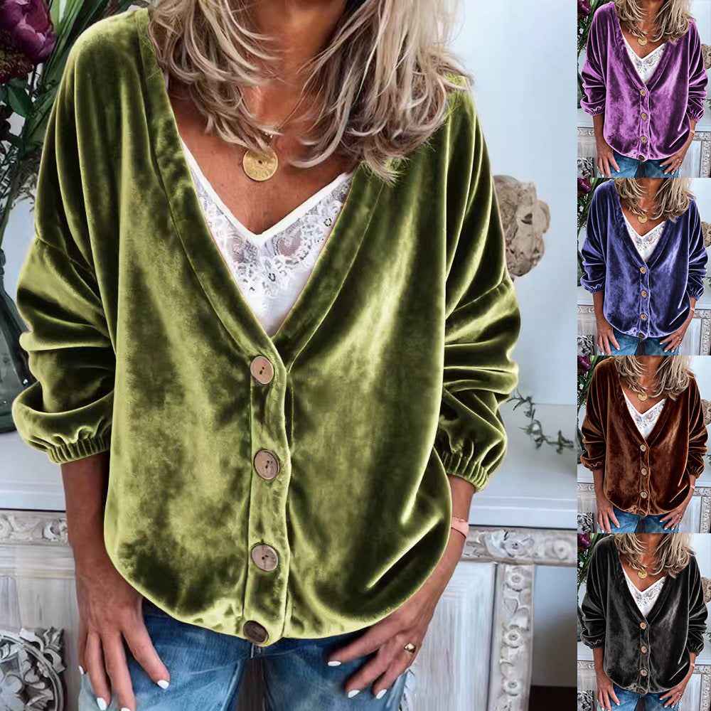 Womens Casual V-neck Long-sleeve Solid-color Cardigan Top - VEX CLUB HOUSE