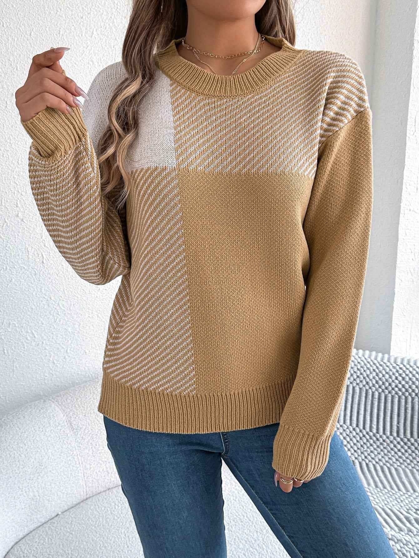 Casual Color-Block Plaid Long-Sleeve Pullover Sweater - VEX CLUB HOUSE
