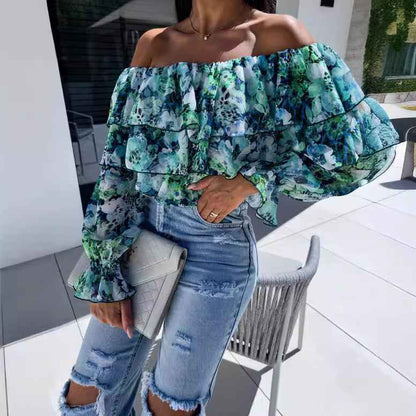 Fashionable Off-shoulder Print Blouse With A Boat Neckline - VEX CLUB HOUSE
