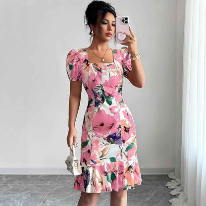 Womens Retro Square-Neck Puff-Sleeve Waist-Cinching Ruffle-Trim Dress - VEX CLUB HOUSE