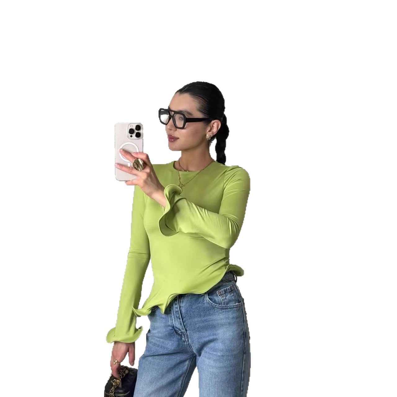 Crew-neck T-shirt With A Solid Color And An Asymmetrical Ruffled Hem - VEX CLUB HOUSE