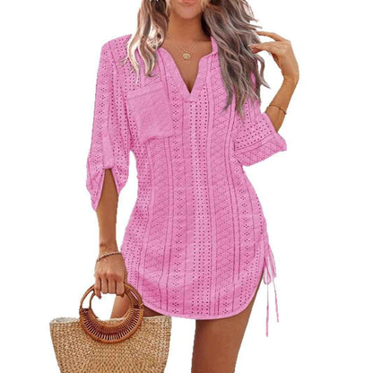 Womens Solid-Color Hollowed-Out Side-Pleated Tie-Detail Dress - VEX CLUB HOUSE