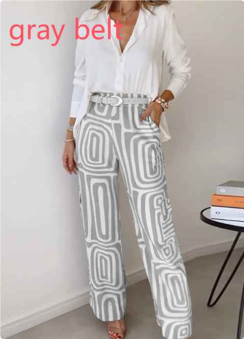 Women's Casual Long-sleeved Lapel Shirt Printed Wide-leg Pants Suit - VEX CLUB HOUSE