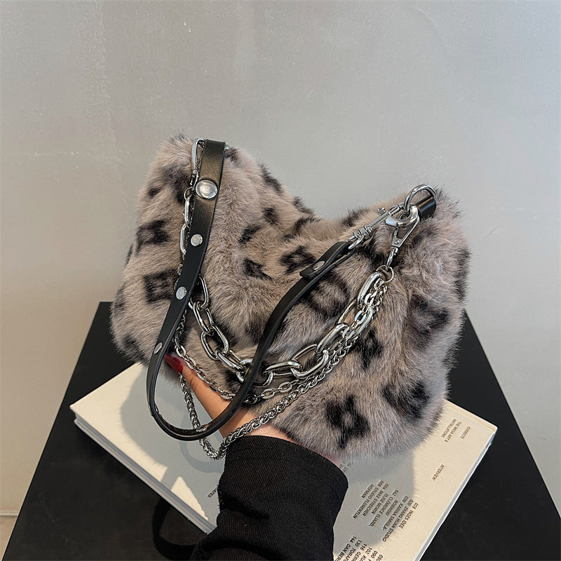 Winter Plush Bags Chain Shoulder Bag Women Flowers Print Handbags - VEX CLUB HOUSE