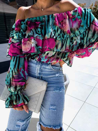 Fashionable Off-shoulder Print Blouse With A Boat Neckline - VEX CLUB HOUSE