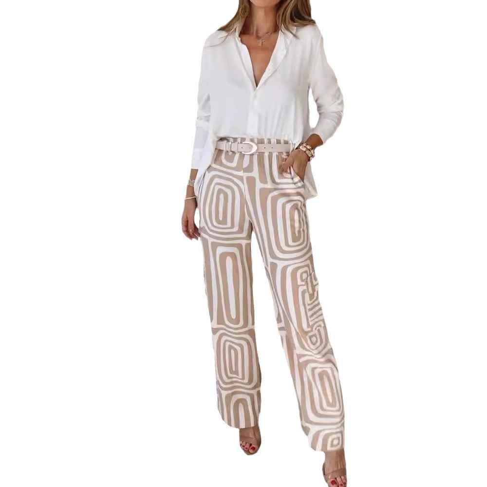 Women's Casual Long-sleeved Lapel Shirt Printed Wide-leg Pants Suit - VEX CLUB HOUSE