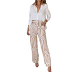 Women's Casual Long-sleeved Lapel Shirt Printed Wide-leg Pants Suit - VEX CLUB HOUSE