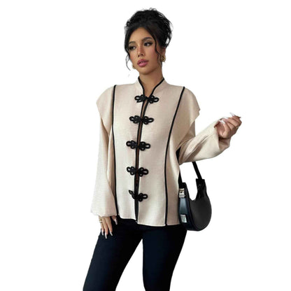 Womens Chinese-knot Ethnic-style Long-sleeve Blouse - VEX CLUB HOUSE