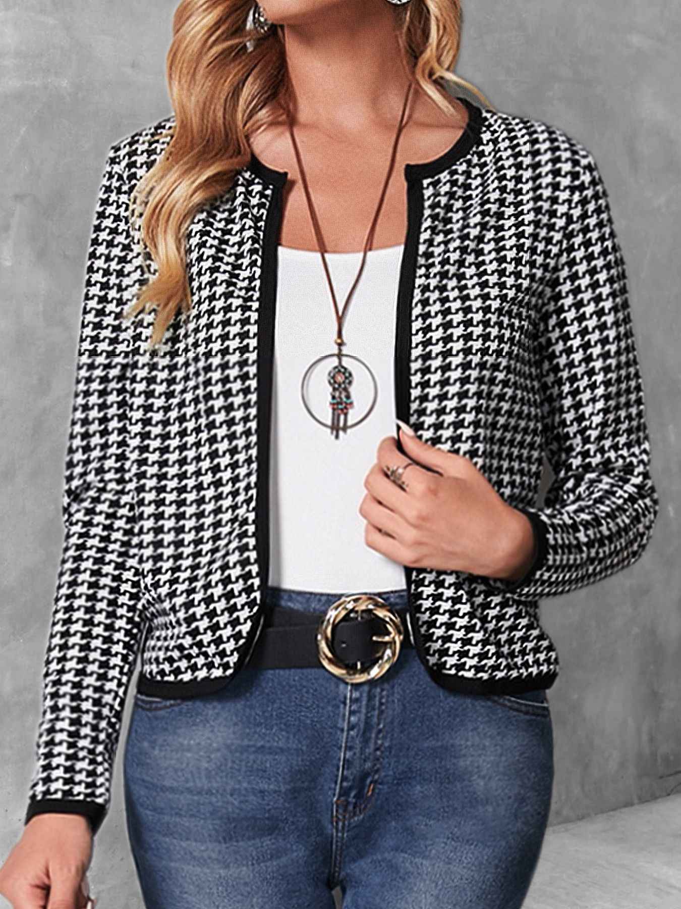 Casual Cardigan Long Sleeve Houndstooth Short Women's Coat - VEX CLUB HOUSE