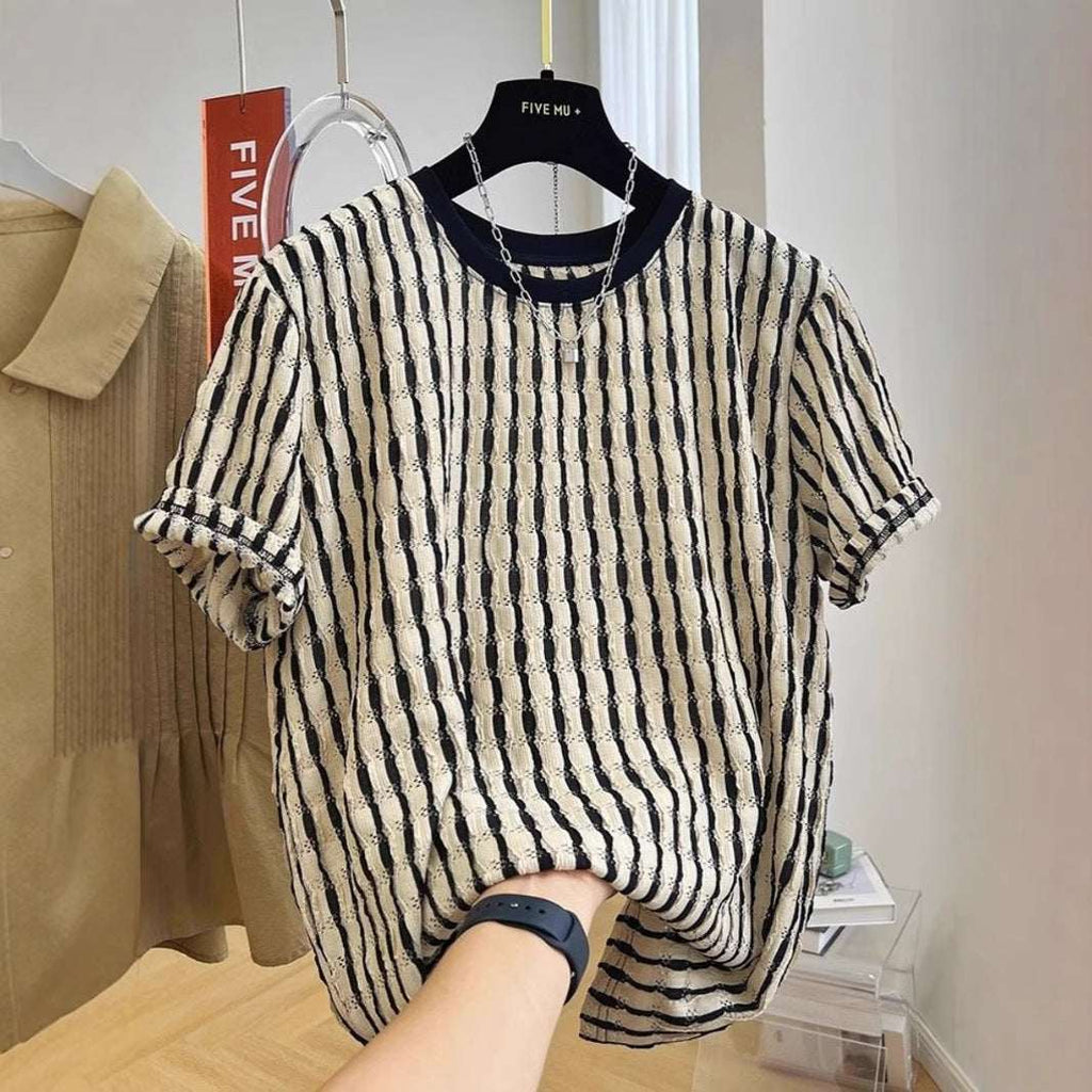 Men's Casual Loose Textile Short Sleeve Stripes - VEX CLUB HOUSE