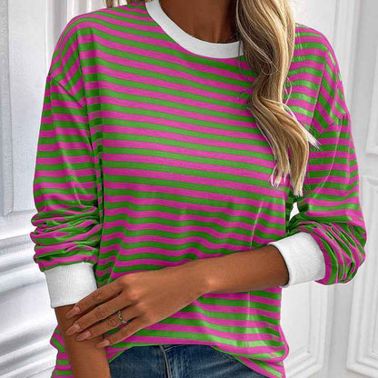 Navy Striped Crew-neck Long-sleeve Loose-fitting Top - VEX CLUB HOUSE