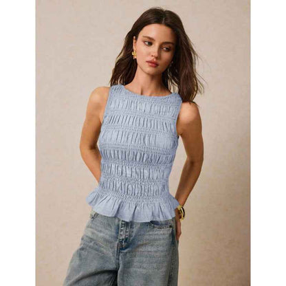 Womens Solid-Color Pleated Crew-Neck Casual Tank Top - VEX CLUB HOUSE