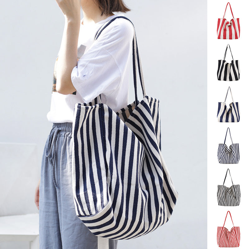 Striped Canvas Bags High Capacity Shoulder Bags For Women Fashion Shopper Handbags Casual Shopping Totes - VEX CLUB HOUSE