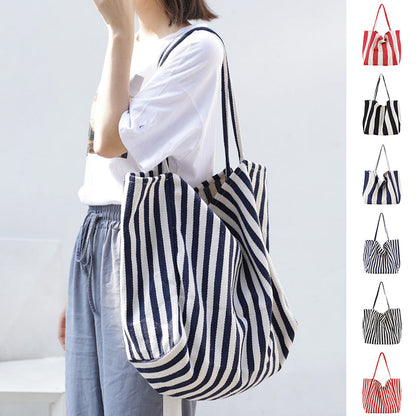 Striped Canvas Bags High Capacity Shoulder Bags For Women Fashion Shopper Handbags Casual Shopping Totes - VEX CLUB HOUSE