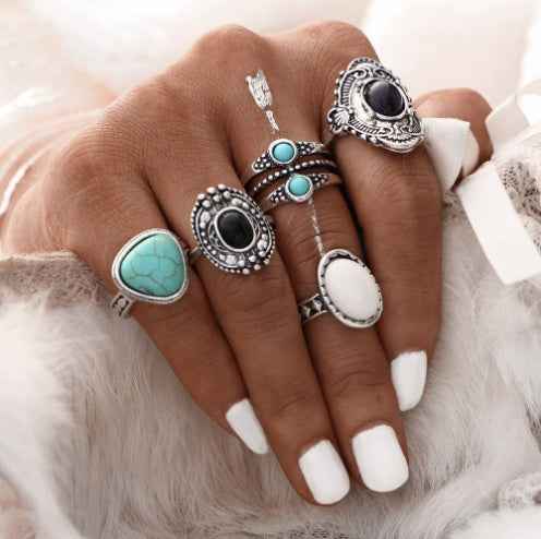 Bohemian Retro Ethnic Style Inlaid Black Gemstone Opal Turquoise Joint Ring - VEX CLUB HOUSE
