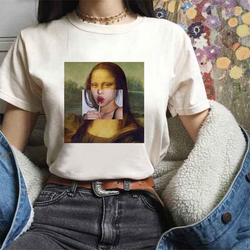 Women's Summer Spoof Oil Painting Print Round Neck T-shirt Top - VEX CLUB HOUSE