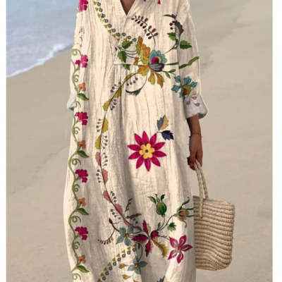 Womens Printed Maxi Dress With A Wide V-Neck And Long Sleeves - VEX CLUB HOUSE