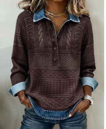 Womens Retro Printed Stand Collar Long-Sleeve Top - VEX CLUB HOUSE