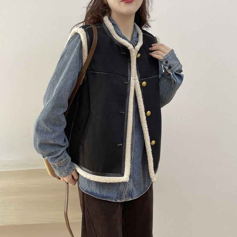 Retro Crew Neck Short Leather And Fur Vest - VEX CLUB HOUSE