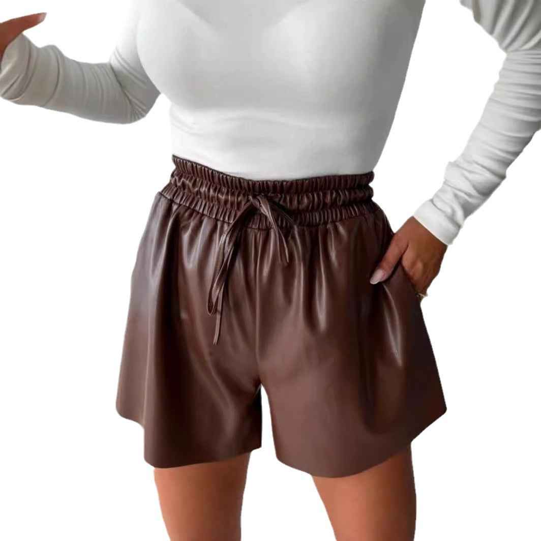 Drawstring Lace PU Leather Wide-leg Casual Pants Shorts For Women - VEX CLUB HOUSE