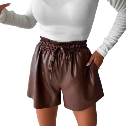 Drawstring Lace PU Leather Wide-leg Casual Pants Shorts For Women - VEX CLUB HOUSE