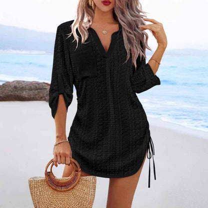 Womens Solid-Color Hollowed-Out Side-Pleated Tie-Detail Dress - VEX CLUB HOUSE