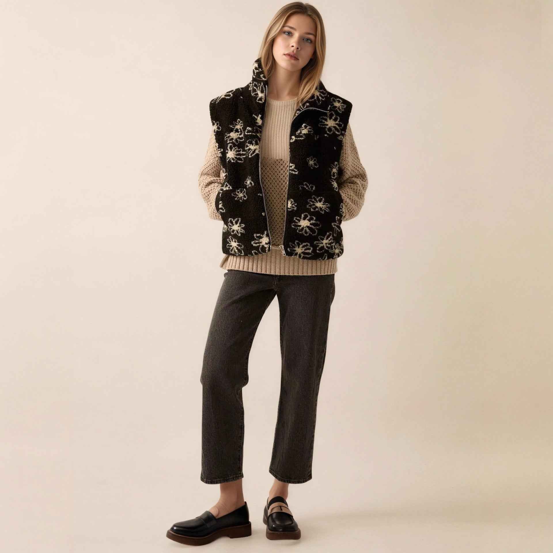 Fashion Polo Collar Flower Print Lamb Wool Vest - VEX CLUB HOUSE