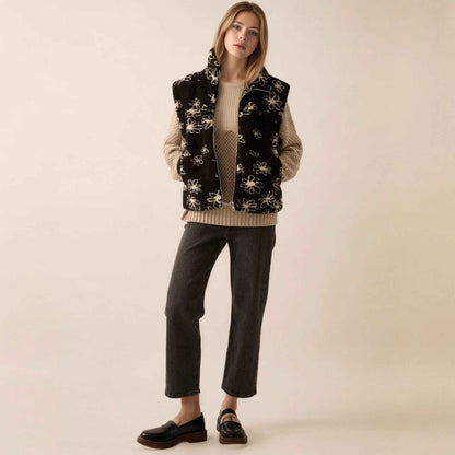 Fashion Polo Collar Flower Print Lamb Wool Vest - VEX CLUB HOUSE