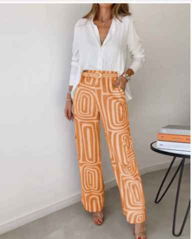 Women's Casual Long-sleeved Lapel Shirt Printed Wide-leg Pants Suit - VEX CLUB HOUSE