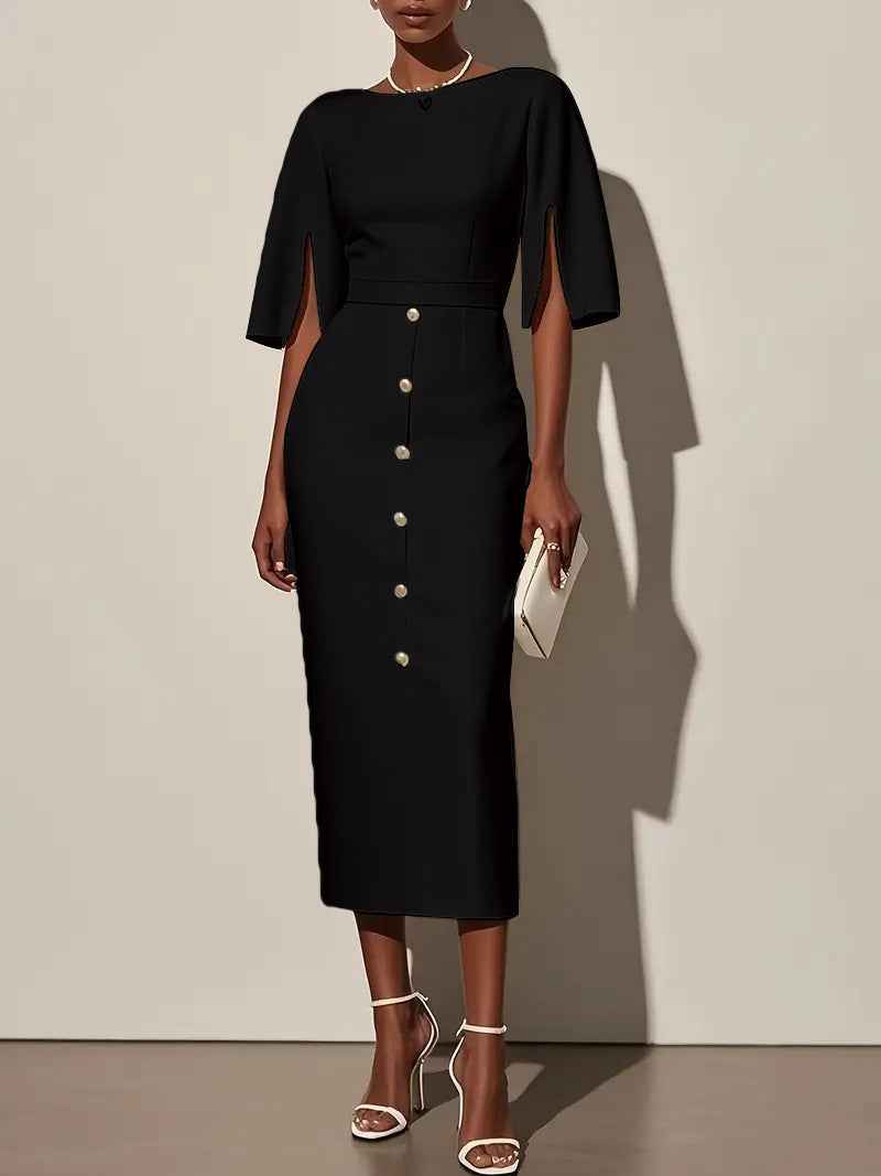 Summer Solid-Color Crew-Neck Defined-Waist Dress With Slit And Buttons - VEX CLUB HOUSE