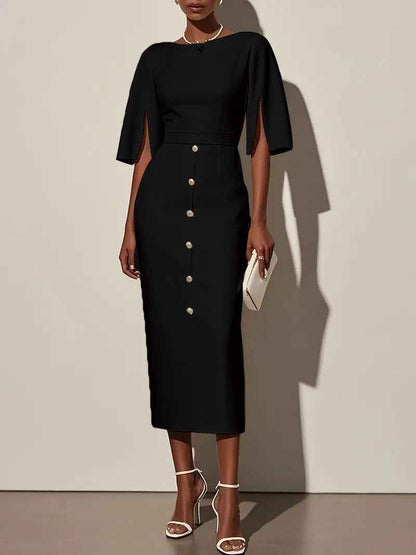 Summer Solid-Color Crew-Neck Defined-Waist Dress With Slit And Buttons - VEX CLUB HOUSE