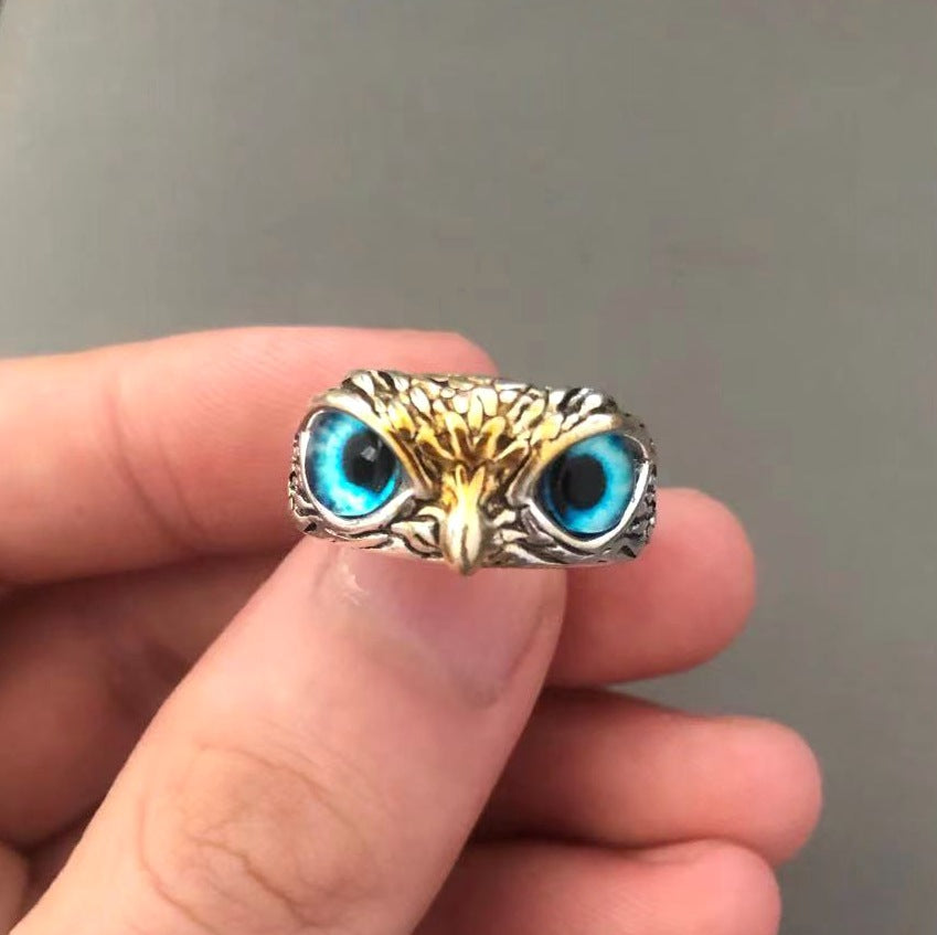 Plain Silver Retro Blue Glasses Owl Jewelry Ring Men And Women Design Owl Ring V E X C L U B H O U S E