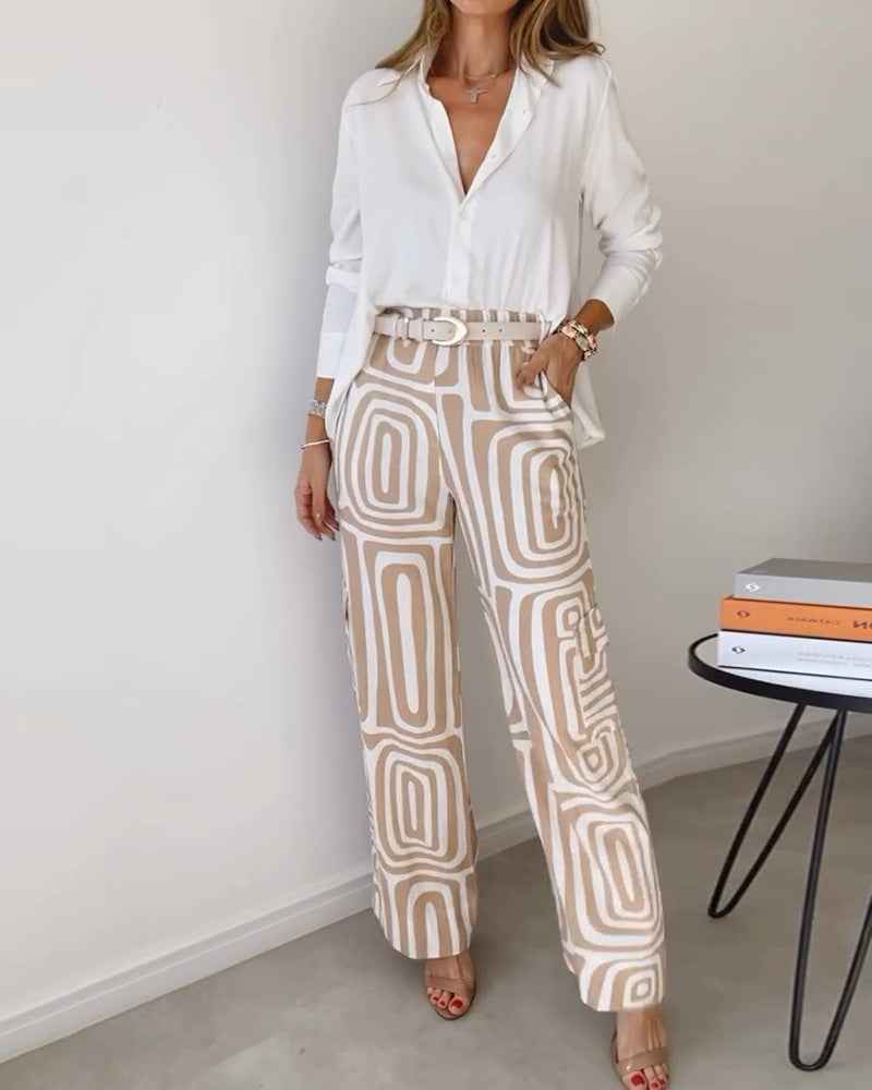 Women's Casual Long-sleeved Lapel Shirt Printed Wide-leg Pants Suit - VEX CLUB HOUSE